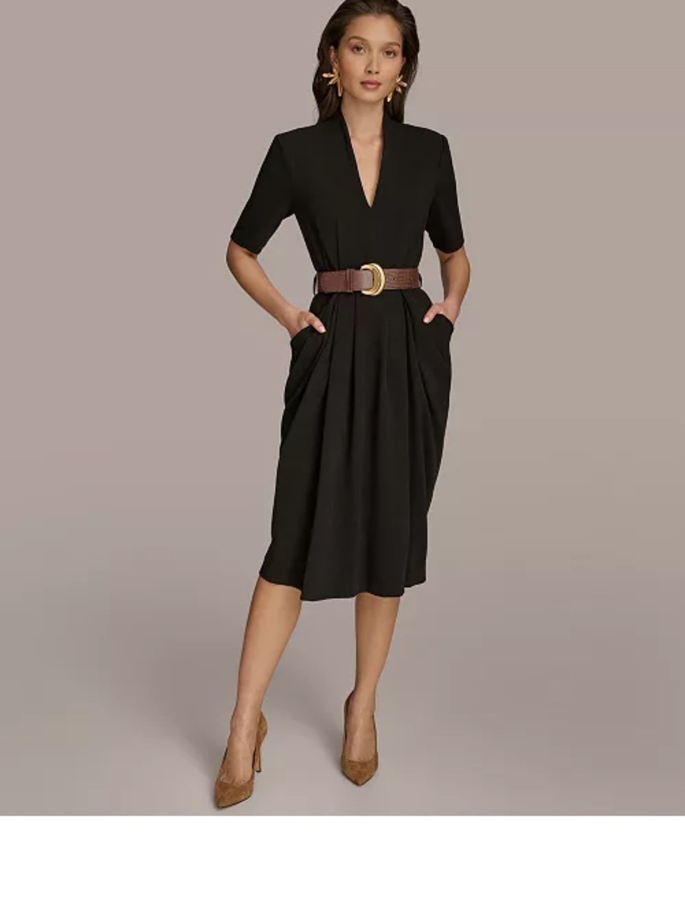 V-Neck Black Midi Dress with Pockets dkny